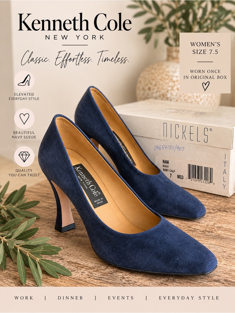 Nickels by Kenneth Cole Navy Blue Suede Pumps Women’s 7.5 Made in Spain